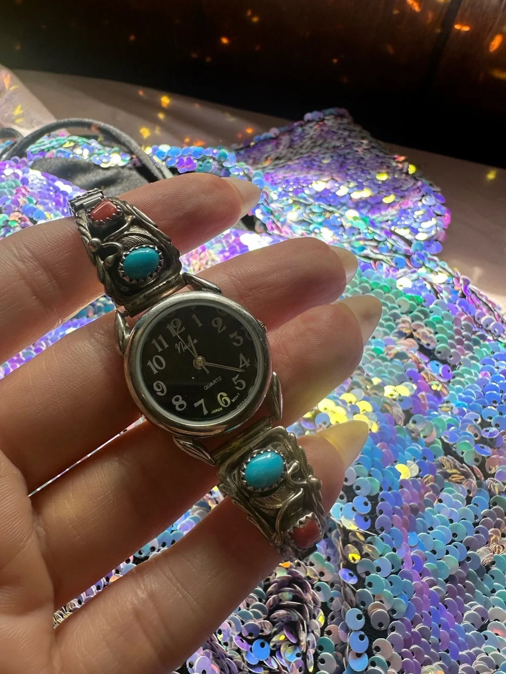 Running Bear Trading Co. • Vintage Sterling Turquoise & Coral Watch